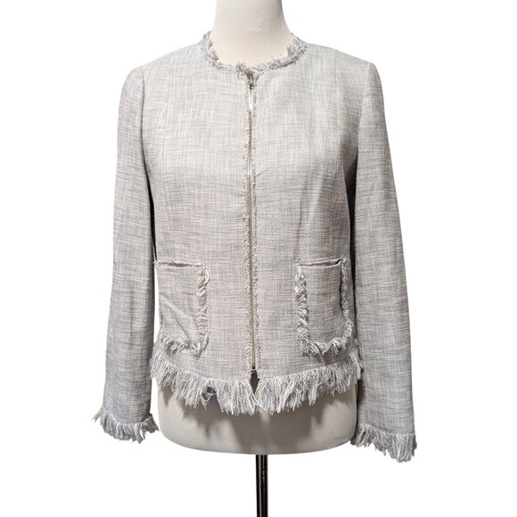 Rebecca Taylor Womens Sz 8 Gray Zip Front Fray Trim Pockets Slub Jacket Blazer - Picture 1 of 9